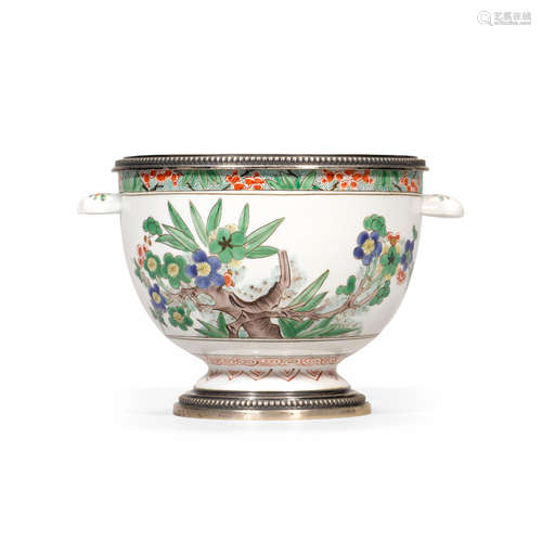 A Chinoiserie Famille Verte Style Porcelain Bowl with Silver Mounts  France, first half  20th century