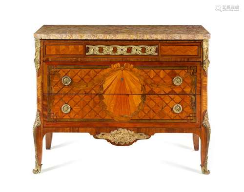 A Louis XV Style Gilt Bronze Mounted Parquetry Commode