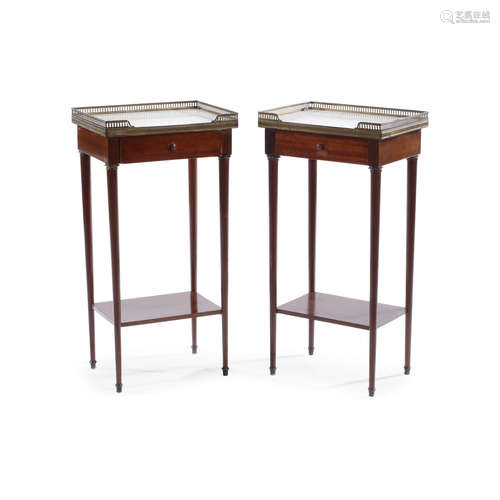 A Pair of Louis XVI Style Marble Top Mahogany Side Tables