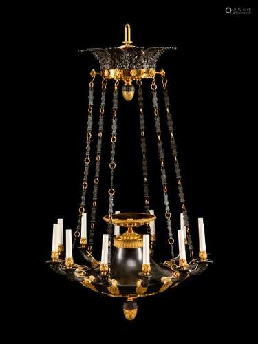 An Empire Style Gilt and Painted Metal Twelve-Light