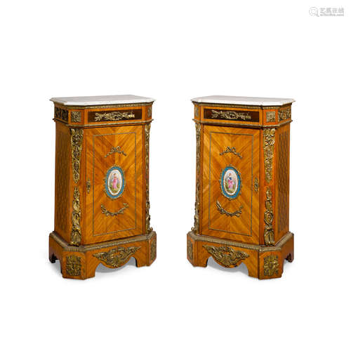 A Pair of Louis XVI style Marble Top Gilt Bronze and Porcelain Mounted Marquetry Cabinets  circa 1870