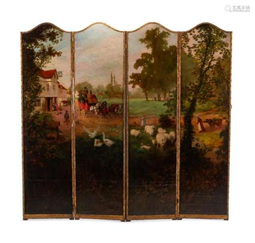 A French Painted Leather Four-Panel Floor Screen