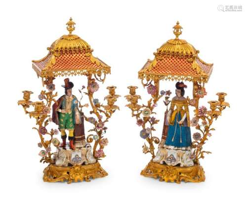 A Pair of French Gilt Bronze and Porcelain Figural