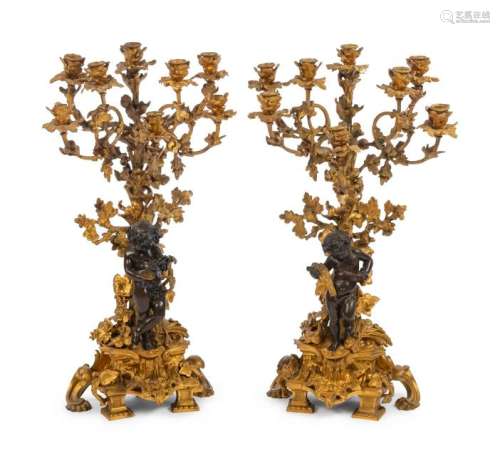 A Pair of French Gilt and Patinated Bronze Eight-Light