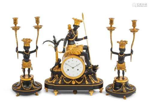 A French Gilt and Patinated Bronze Three-Piece Clock