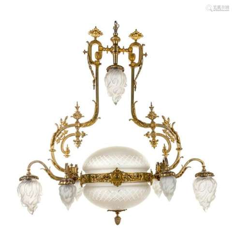 A French Gilt Bronze and Frosted Glass Ceiling Fixture