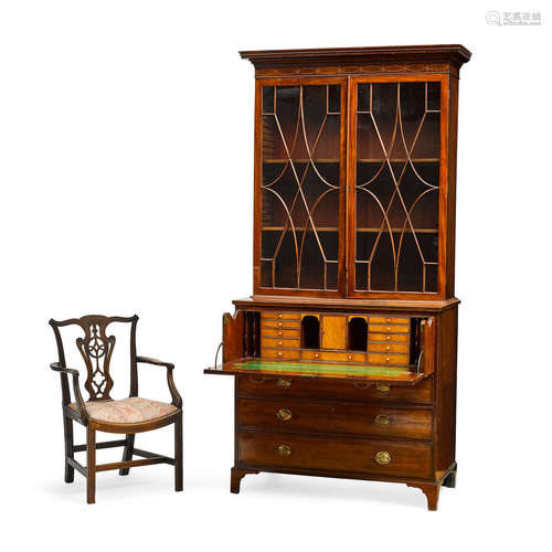 A George III Inlaid Mahogany Secretary Bookcase  Late 18th century