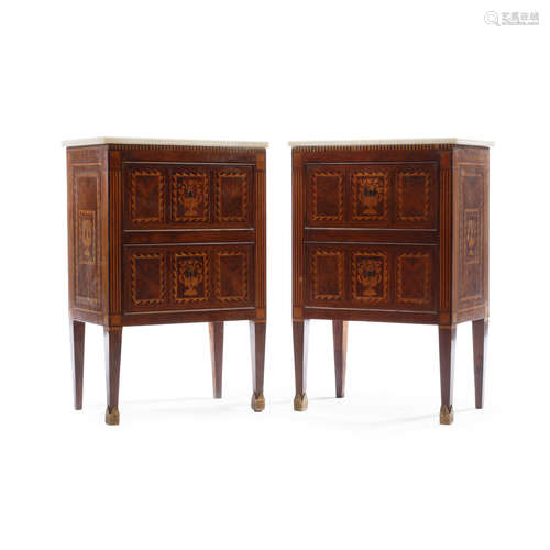 A Pair of Italian Neoclassical Marble Top Marquetry Petites Commodes  19th century