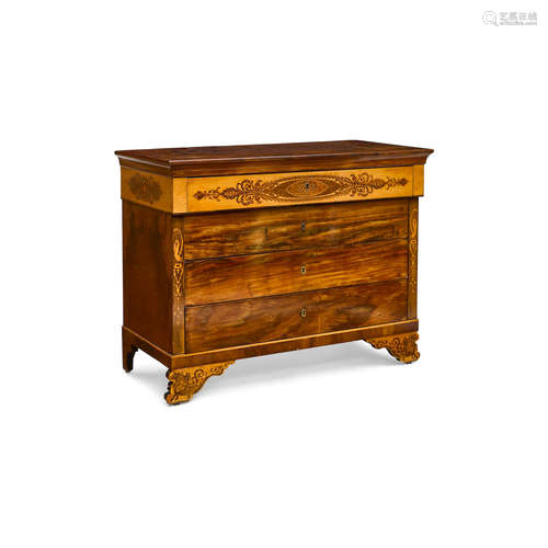 A Continental Neoclassical Fruitwood and Mahogany Commode  20th century