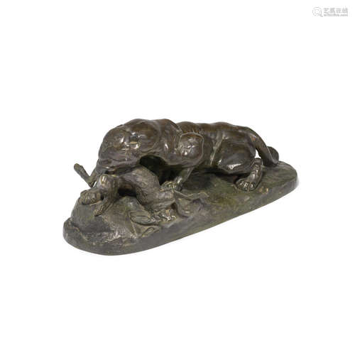 A Patinated Bronze Group of a Feeding Lion and its prey  Antoine-Louis Barye (French, 1795-1875), late 19th/early 20th century