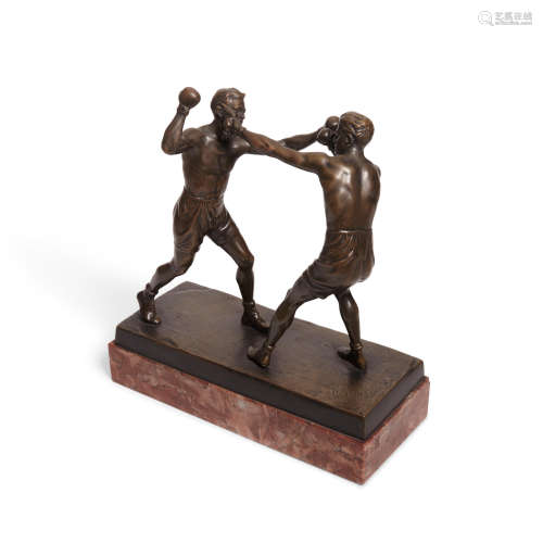An Austrian Patinated Bronze and Red Marble Group of Boxers   Richard Thuss (1865-1953), Argentor Foundry