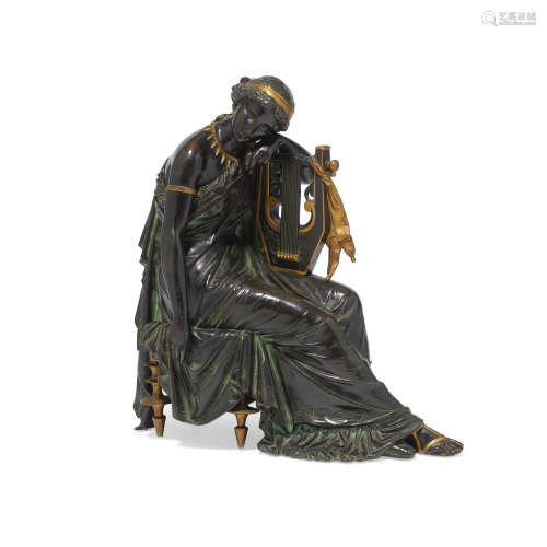 A Greek Revival Parcel Gilt and Patinated Bronze Figure of Erato  19th century