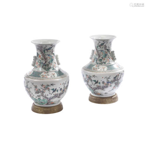 A Pair of Chinese Famille Verte Porcelain Vases on Giltwood Stands