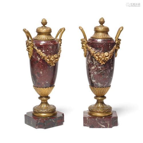 A Pair of French Neoclassical Style Gilt Bronze Mounted Red Marble Covered Urns  20th century