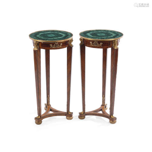 A Pair of Empire Style Malachite and Gilt Bronze Gueridons  Late 19th century