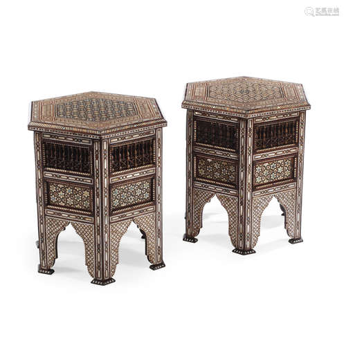 A Pair of Levantine Shell Inlaid Part Ebonized Tabourets