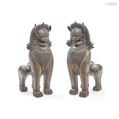 A Pair of South East Asian Bronze Figures of Lions  Late 20th century