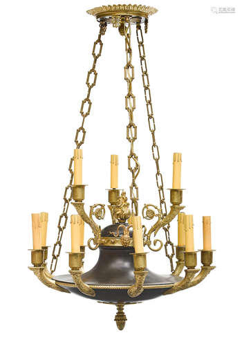 An Empire Gilt Bronze and Patinated Metal twelve Light Chandelier  19th century