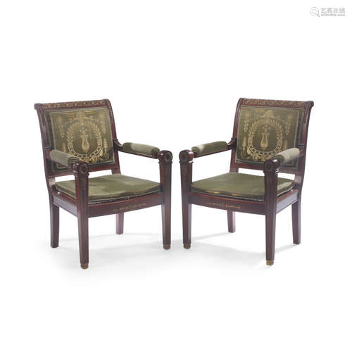 A Pair of Empire Style Gilt Bronze Mounted Mahogany Fauteuils