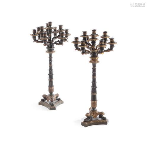 A Pair of Empire Style Gilt and Patinated Bronze Ten Light Candelabra