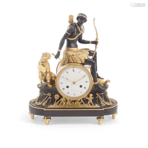 A Charles X Style Gilt and Patinated Bronze Mantel Clock