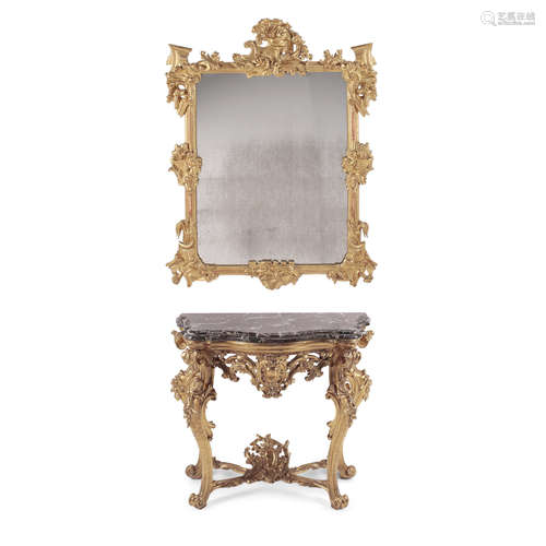 A Napoleon Marble Top Giltwood Console and Mirror en Suite  19th century