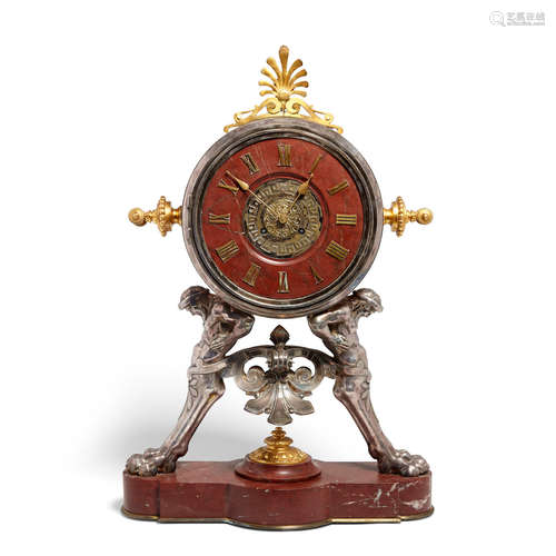 A French gilt and silvered bronze and rouge marble mantel clock  Late 19th century