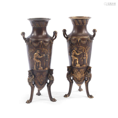 A Pair of Egyptian Reivival Style Gilt and Patinated Bronze Amphora