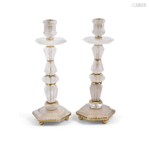 A Pair of Gilt Metal Mounted Rock Crystal Candlesticks