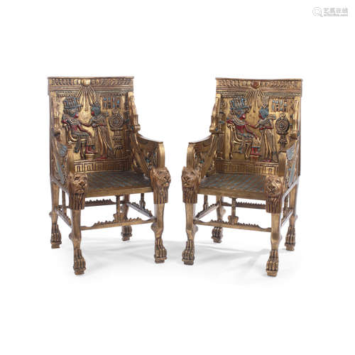 A Pair of Egyptian Reivival Style Gilt and Painted Wood Throne Chairs