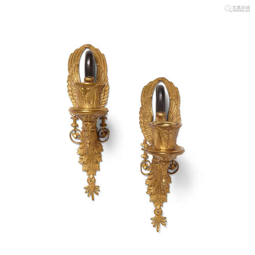 A Pair of Empire Style Gilt and Patinated Bronze Single Light Sconces  Late 19th century