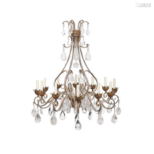 A French Style Weathered Metal and Rock Crystal Bead Twelve Light Chandelier  21st century