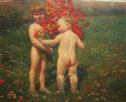 Evariste Carpentier(Belgian, 1845-1922) Children in a flowering meadow 33 1/2 x 39 3/8in (85 x 100cm)