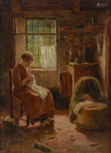 Evert Pieters(Dutch, 1856-1932) A cottage interior with a mother and her child 14 1/4 x 10 3/8in (36.2 x 26.4cm)