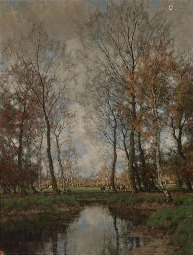 Arnold Marc Gorter(Dutch, 1866-1933) A tranquil river landscape with cattle watering in the distance  39 1/2 x 29 1/2in (100.3 x 74.9cm)