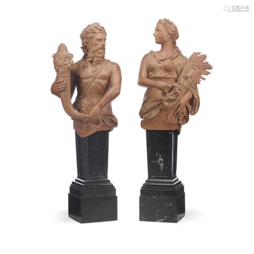 A Pair of Painted Bronze Figures Representing Summer and Fall on Marble Pedestals