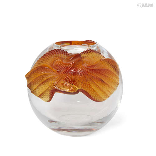 A René Lalique Molded and Frosted Glass Vase: Erimaki  Late 20th/ early 21st centuryIncised Lalique France.height 8 1/2in (21.5cm); 10 1/2in (26.6cm); 9 1/2in (24.1cm)