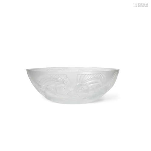 A René Lalique Molded and Frosted Glass Center Bowl: Kuta  Late 20th/early 21st centuryIncised Lalique France.height 4 1/4in (10.7cm); width 11 1/2in (29.2cm); depth 6 1/4in (15.8cm)