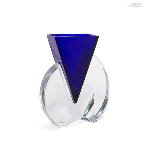 A Nicolas Triboulot for Baccarat Two-Piece Glass Vase  circa 1990Vecteur, incised Baccarat on the reverse of the base, acid-stamped on the base and blue element BACCARAT FRANCE.height 9 3/4in (24.7cm); width 8in (20.3cm); depth 2 1/2in (6.3cm)