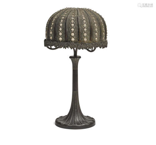An American Patinated Metal Lamp With Crystal Beading