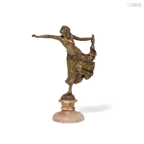 A PATINATED BRONZE FIGURE OF AN EGYPTIAN DANCER  After a model by Claire Jeanne Roberte Colinet (French, 1880–1950)signed Cl JR Colinet, raised on a marble plinthoverall height 12in (30cm)