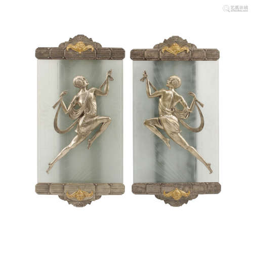 A Pair of Art Deco Style Silvered Bronze and Molded Glass Wall Lights
