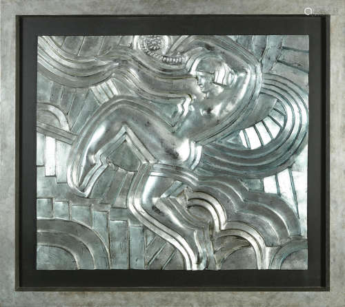 An Art Deco Style Silvered Wood and Leather Panel   20th centuryheight 52 1/2in (134cm); width 47in (120cm); depth 2 1/2in (6.5cm)