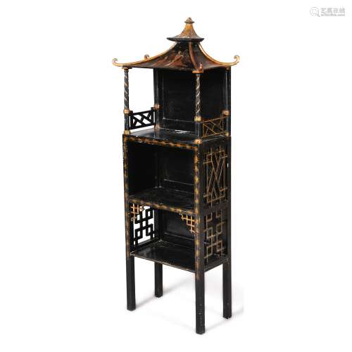 A PAGODA-FORM BLACK AND GOLD JAPANNED ETAGERE, FIRST HALF 19TH CENTURY