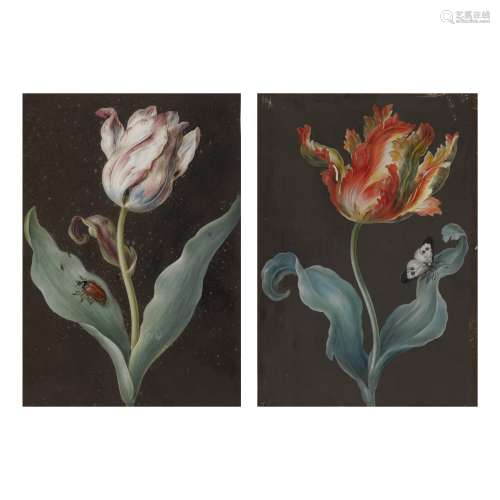ATTRIBUTED TO BARBARA REGINA DIETZSCH |  A PURPLE TULIP WITH A BEETLE AND AN ORANGE TULIP WITH A BUTTERFLY: A PAIR OF BOTANICAL STUDIES