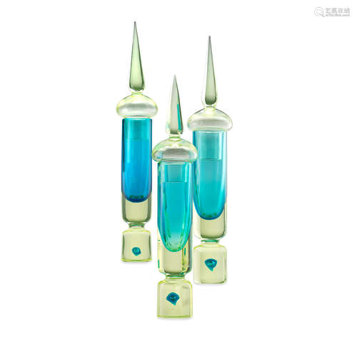 Three Antonio Da Ros Sommerso Glass Pinnacolo Vases  1963For Vetreria Gino Cenedese, together with rare pinnacolo basso e grasso. height 17in (43cm); width 17 3/4in (45cm)