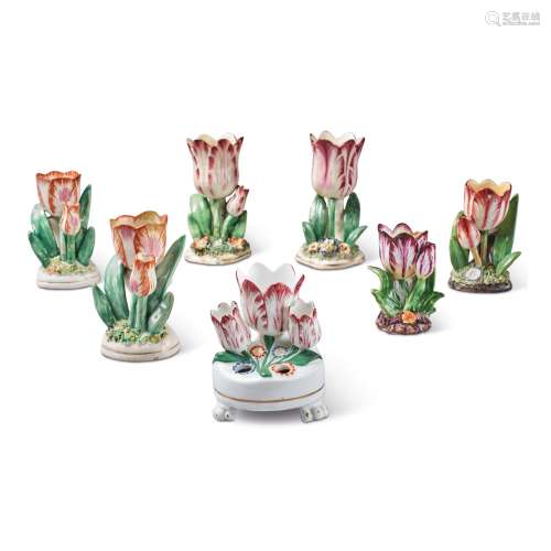 SEVEN STAFFORDSHIRE PORCELAIN TULIP-FORM VASES, CIRCA 1825-35