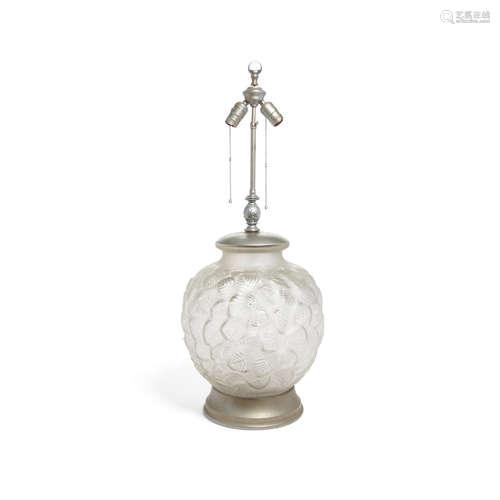 A Rene Lalique Molded and Frosted Glass Vase Mounted as a Lamp: Charmilles  Mid-20th centuryApparently unmarked.height 35in (88.9cm); diameter 14in (35.5cm)