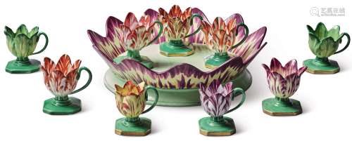 A SPODE PEARLWARE TULIP STAND AND NINE SPODE PORCELAIN TULIP-FORM ICE CUPS, CIRCA 1820