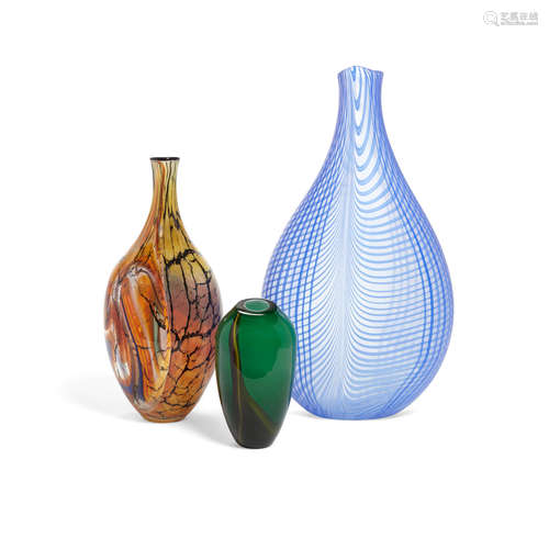 Three Contemporary Glass Vases  Fourth quarter 20th century The green vase with artist's signature and dated, the two larger vases with artist's signature and editioned.height of largest 21 1/4in (53.9cm); width 12 1/2in (31.7cm); depth 5 1/4in (13.3cm)